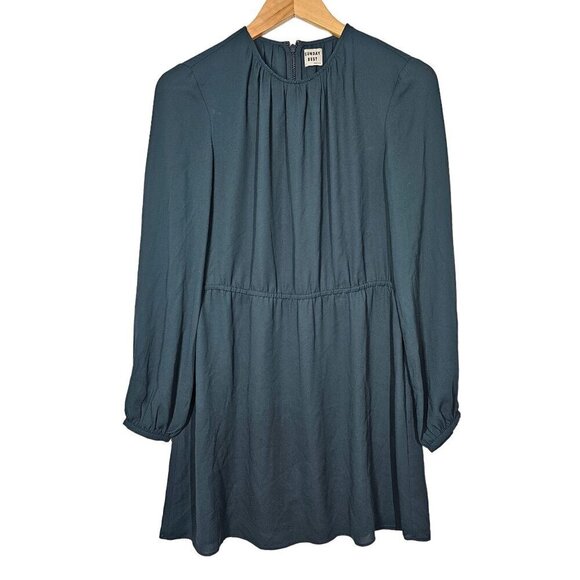 Aritzia Sunday Best Cinched Waist Sheath Mini Dress Pleated Long Sleeve Green 6‎ - Picture 2 of 12